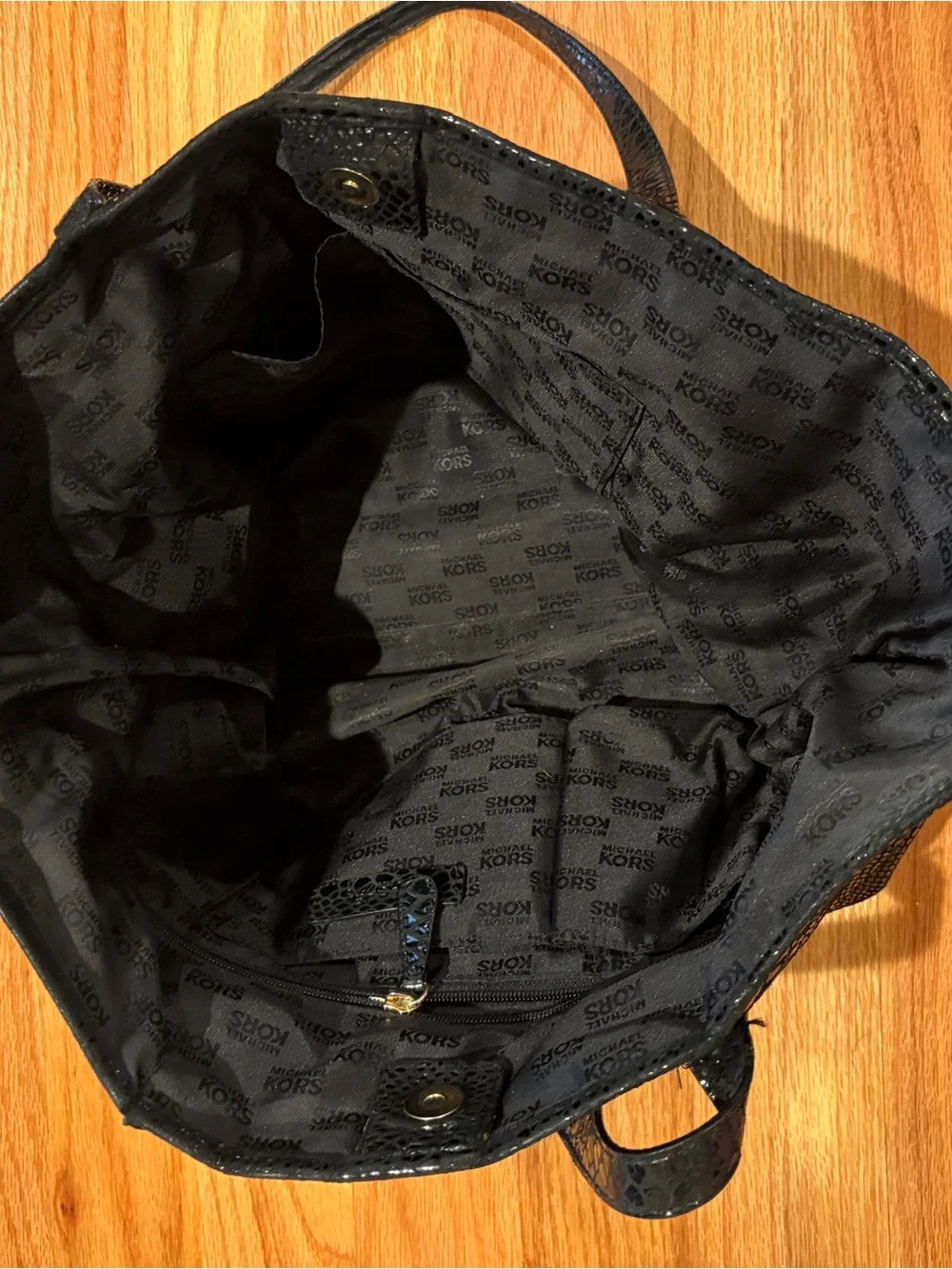 Michael Kors Black Patent Snake-Embossed Tote with Gold MK Accent